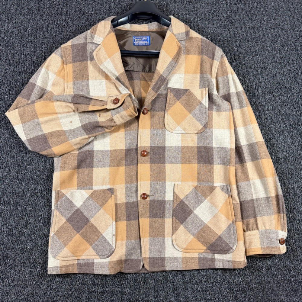 Vintage Pendleton Mens Wool Plaid Chore Jacket Brown Tan Button Up Coat‎ Size M
